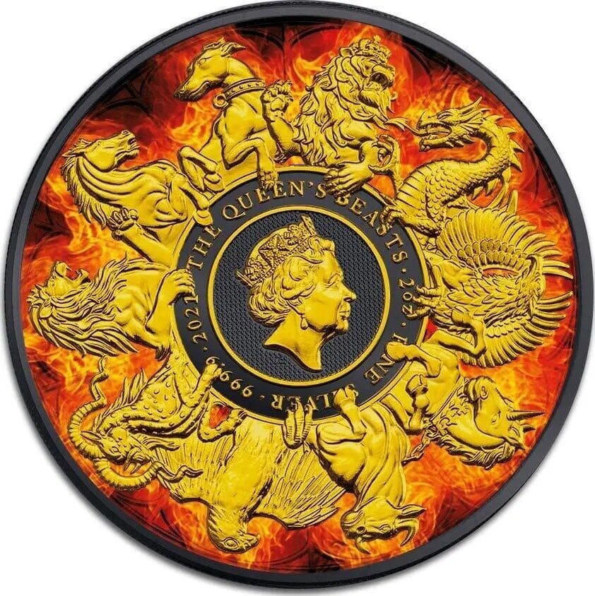 2021 £5 Queen Beasts Completer Burning Gilded 2oz Silver Coin