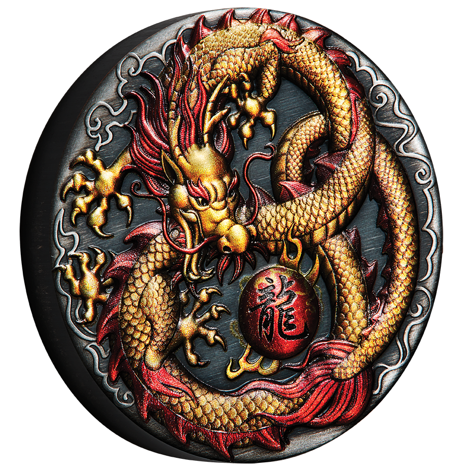 2020 $2 Dragon 2oz Silver Coloured Antiqued Coin