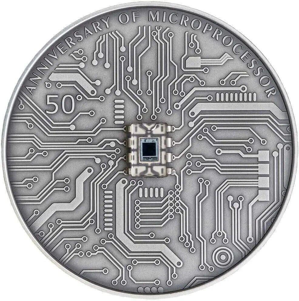 2021 $5 Microchip 50th Anniversary 2oz Antiqued Silver Coin