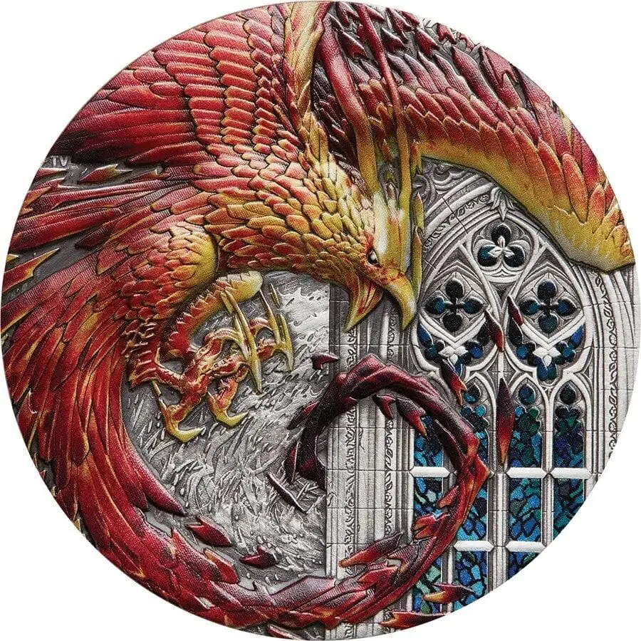 2022 $5 Rising Phoenix 5oz Silver Antiqued Coloured Coin