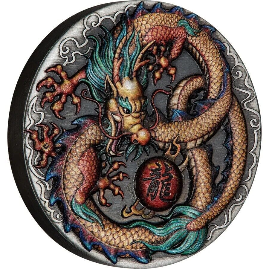 2022 $2 Dragon 2oz Silver Coloured Antiqued Coin