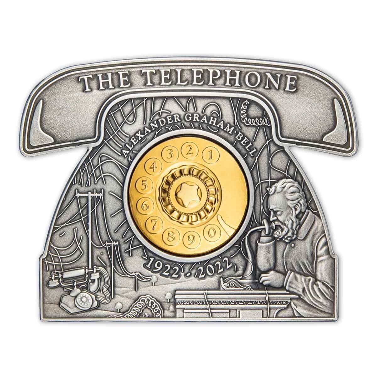 2022 $5 100th Anniversary of Alexander Graham Bell Telephone-shaped 3oz Silver Coin