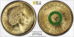 MS66 2014 $2 Remembrance Day Green Dove