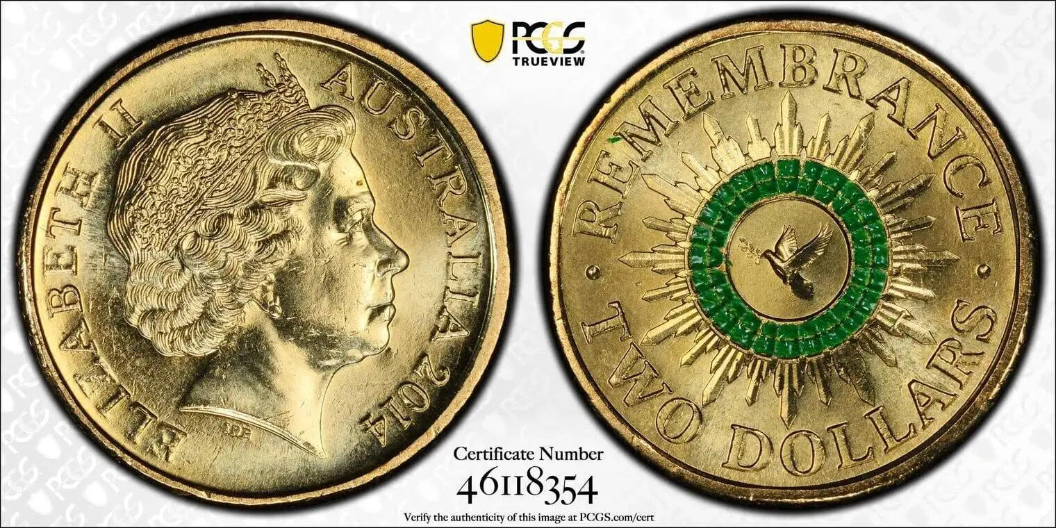MS66 2014 $2 Remembrance Day Green Dove