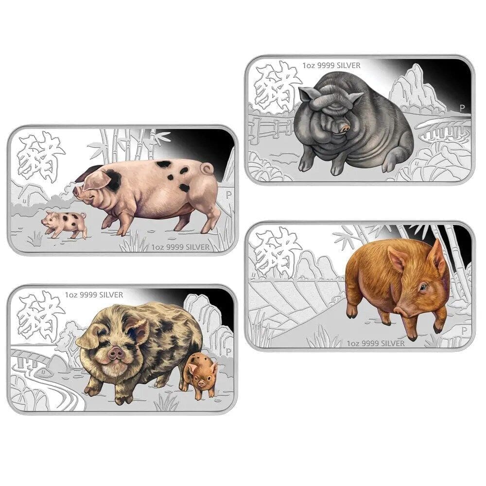 2018 $1 Lunar Calendar Year of The Pig 1oz Silver Coloured Rectangle Proof 4 Coin Set