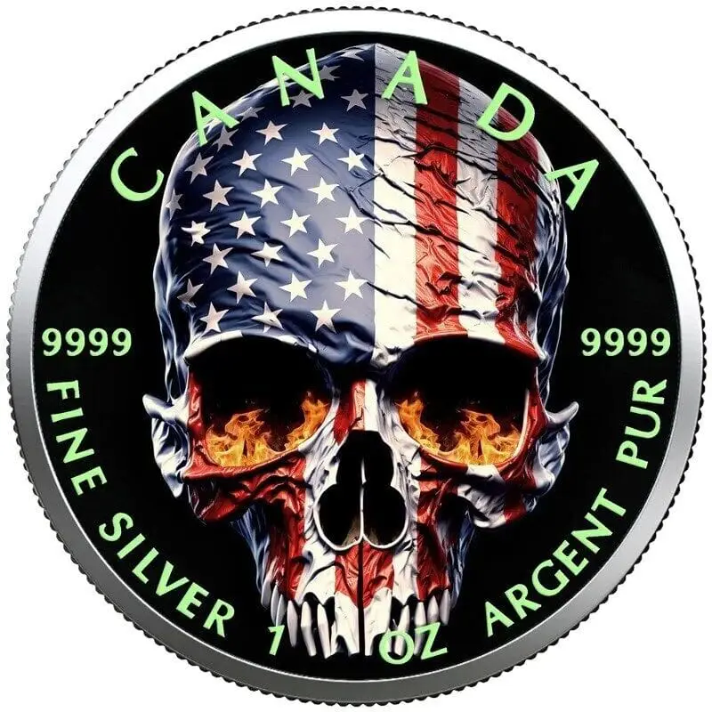 2023 US Flag Fire Skull Maple Leaf 1oz Silver Coin