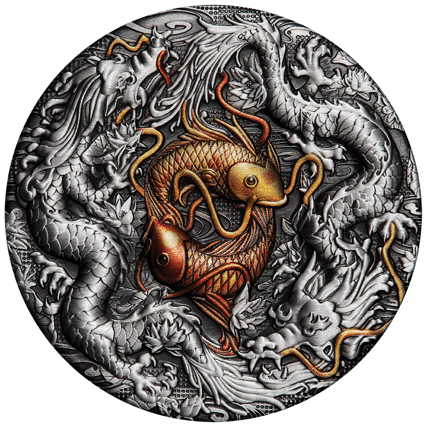 2021 $2 Double Dragon and Yin Yang Koi 2oz Silver Antiqued Coin
