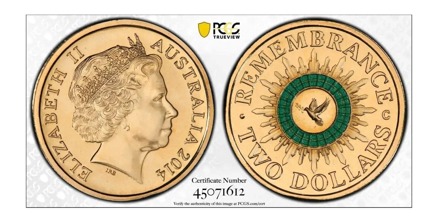 MS68-C 2014 $2 Green Dove Remembrance Day Coin