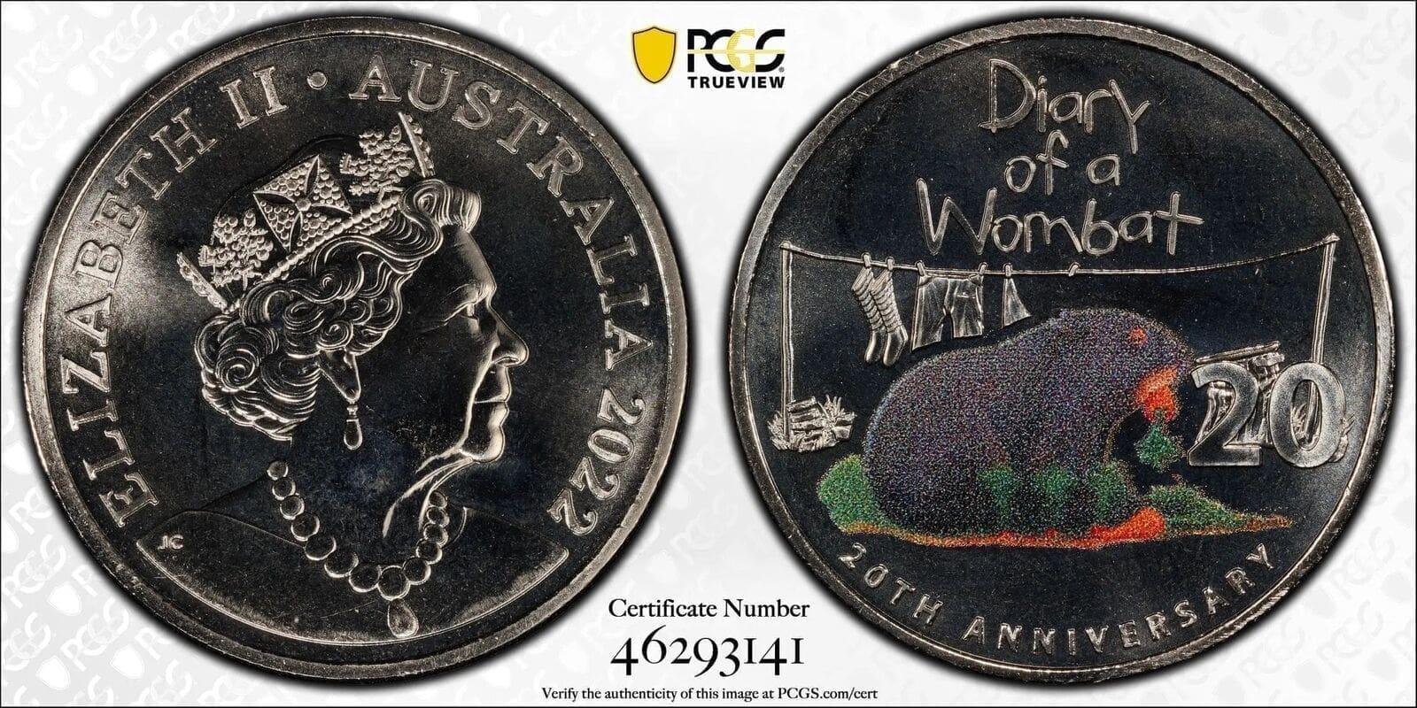MS69 2022 20c Diary of a Wombat 20th Anniversary Coloured Coin