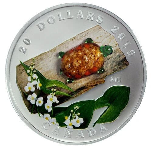 2015 $20 Venetian Glass Turtle with Broadleaf Arrowhead Flower 1oz Silver Coin
