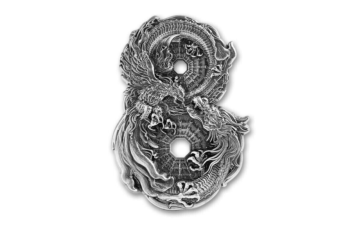2021 $15 Figure 8 Dragon & Pheonix 3oz Silver Antiqued Coin