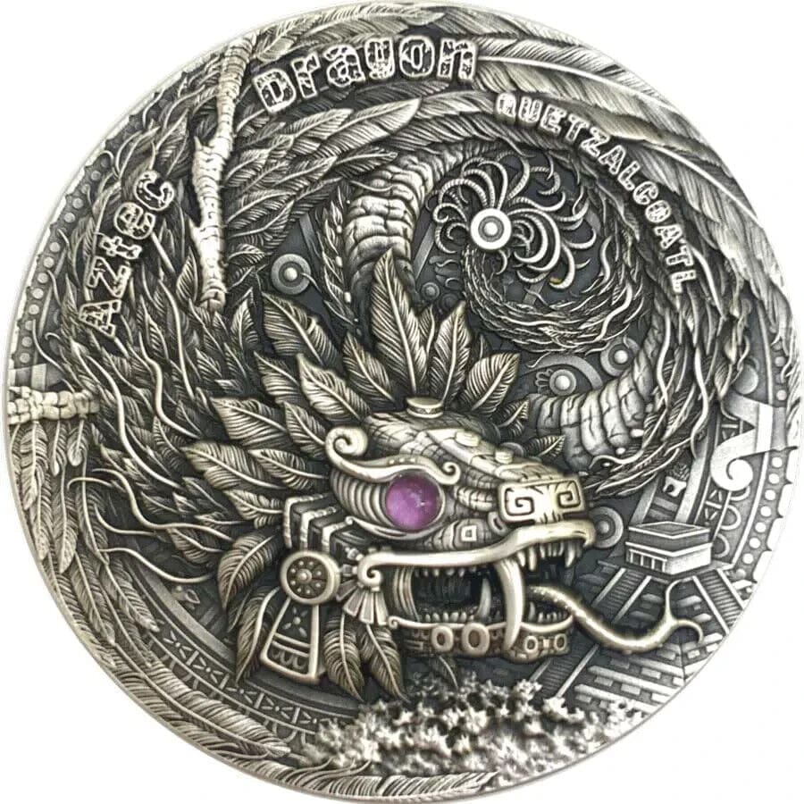 2020 $2 Quetzalcoatl Aztec Dragon 2oz Silver Antiqued Coin