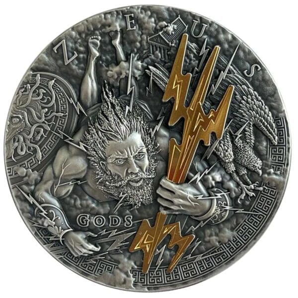 2021 $2 Gods Zeus Gilded 2oz Silver Antiqued Coin