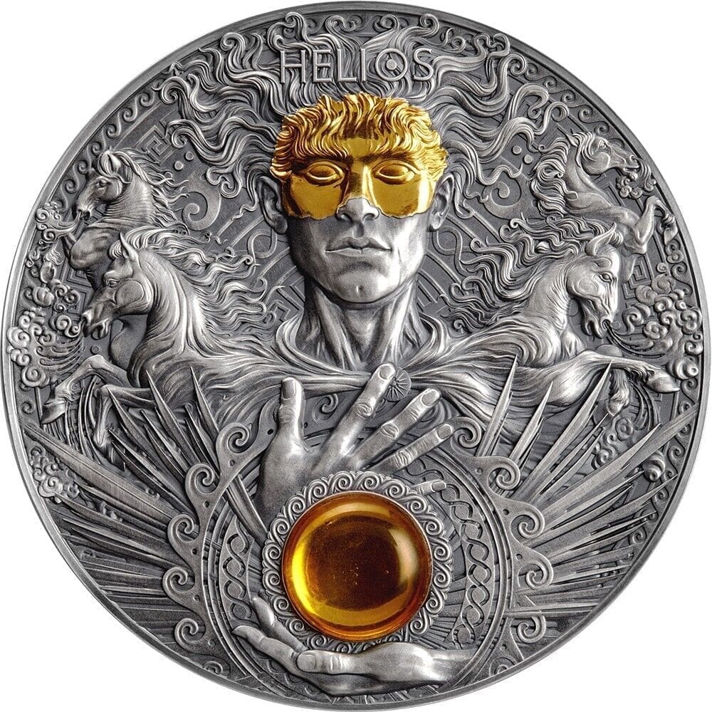 2022 $5 Divine Faces of the Sun Helios Gilded 3oz Silver Antiqued Coin