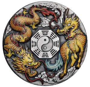 2022 $2 Dragon and Qilin 2oz Silver Antiqued Coloured Coin
