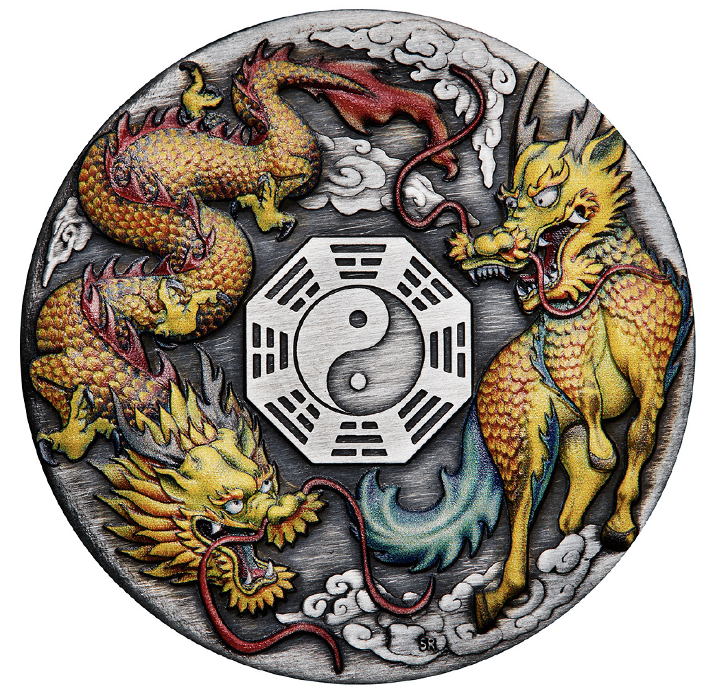 2022 $2 Dragon and Qilin 2oz Silver Antiqued Coloured Coin