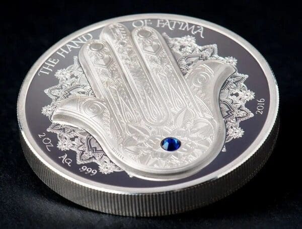 2016 $10 Hand Of Fatima Hamsa Amulet Talisman Khamsa Swarovski 2oz Silver Coin - Image 2