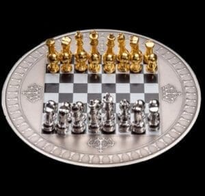 2018 $5 Chess Board Game 2oz Silver Antiqued Gilded Coin