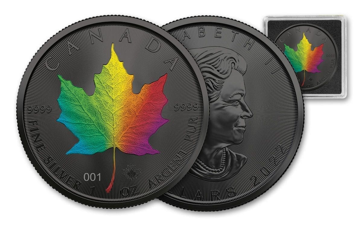 2022 $5 Rainbow Halo Maple Leaf Ruthenium 1oz Silver Coin