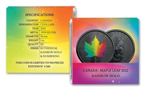 2022 $5 Rainbow Halo Maple Leaf Ruthenium 1oz Silver Coin - Image 5