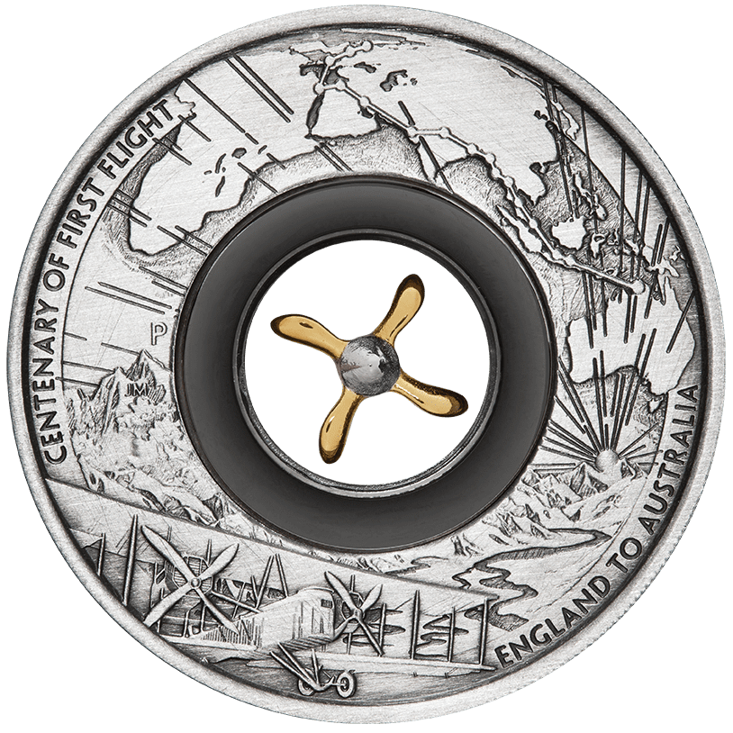 2019 $2 Centenary of The First Flight England To Australia 2oz Silver Rotating Antiqued Coin
