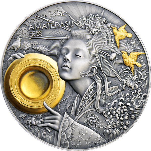 2021 $5 Amaterasu Divine Faces of the Sun 3oz Antiqued Silver Coin