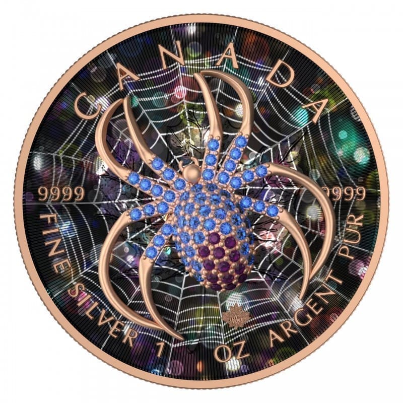 2022 $5 The Gold Spider Bejeweled Maple Leaf 1oz Silver Coin