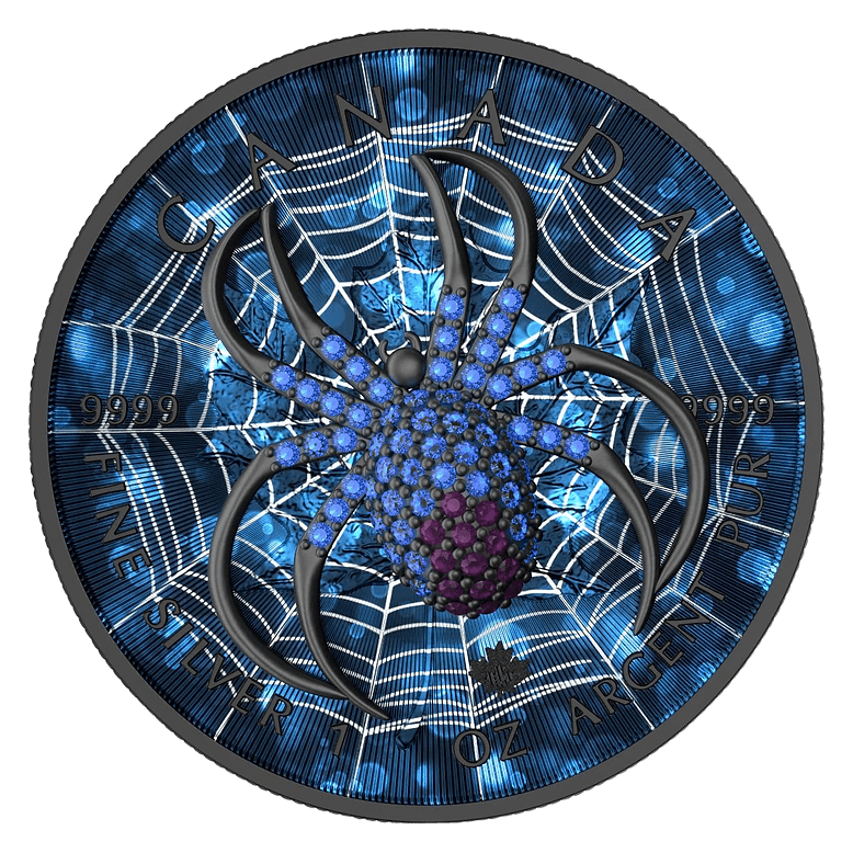2022 $5 The Dark Blue Spider Bejeweled Maple Leaf 1oz Silver Coin