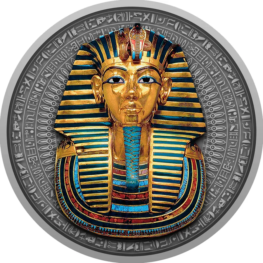 2022 $5 Tutankhamunโs Mask 2oz Silver Gilded Antiqued Coin