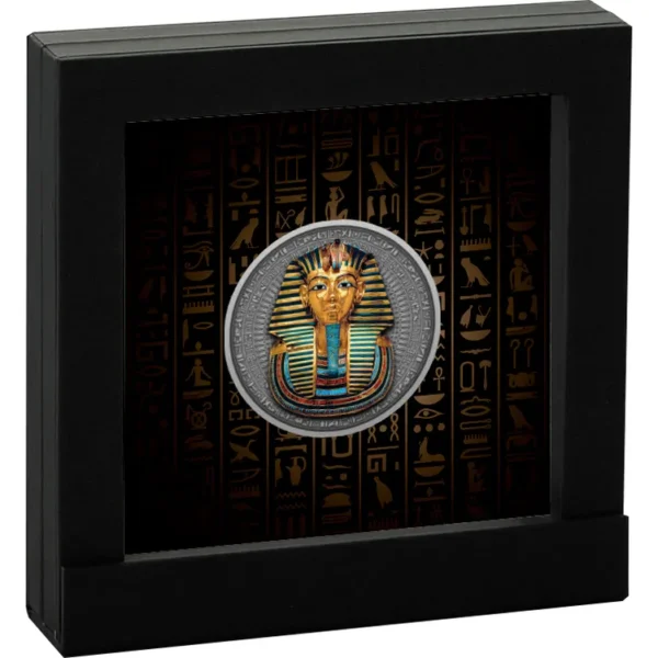 2022 $5 Tutankhamun’s Mask 2oz Silver Gilded Antiqued Coin - Image 3