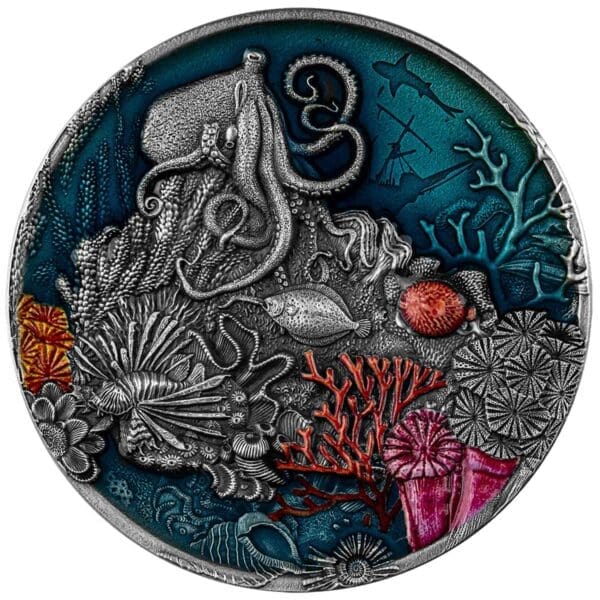 2021 $5 Coral Reef 2oz Silver Antiqued Coin