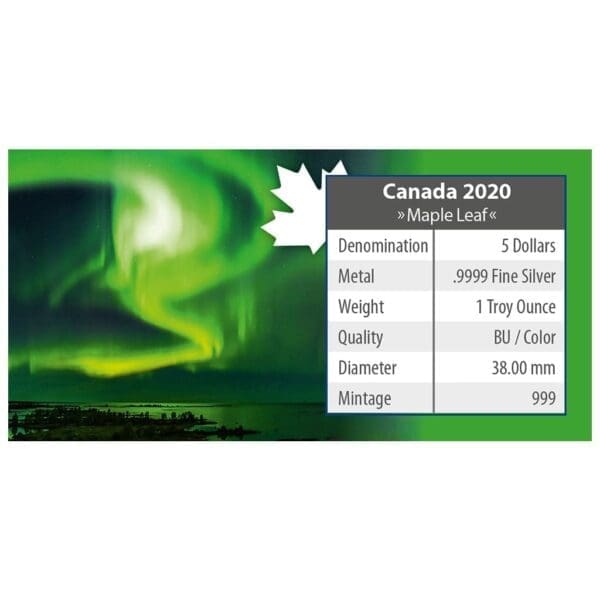 2020 $5 Yellowknife Yukon – Polar Lights Series 1oz Maple Leaf Silver Coin - Image 4