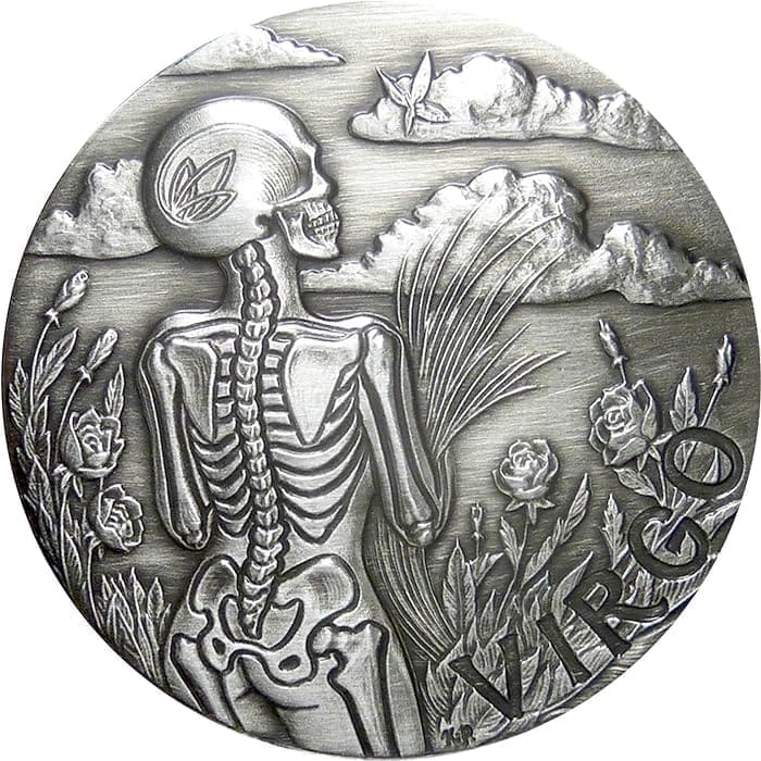 2015 Virgo – Zodiac Skull Series 1oz Silver Antiqued Coin Reverse View