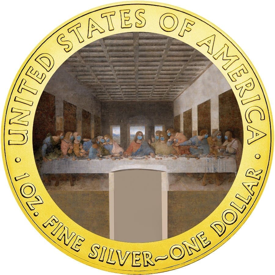 2020 $1 Last Supper - Face Mask - Quarantined Art 1oz Silver Gilded Coin Obverse View