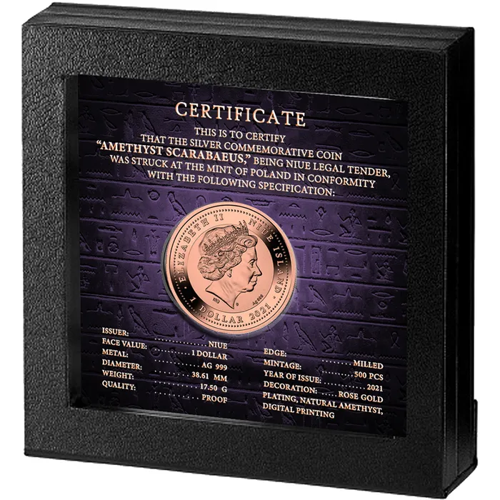 2021 $1 Amethyst Scarabaeus Silver Rose Gilded Coin Back of Box