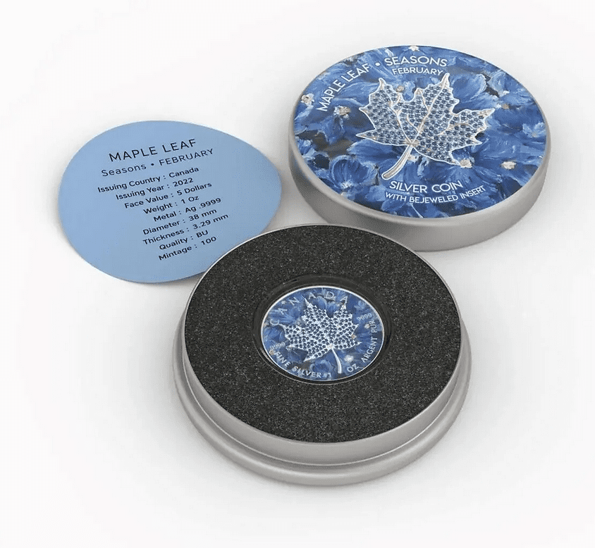 2022 $5 February - Seasons 1oz Silver Bejeweled Maple Leaf Coin - Overview