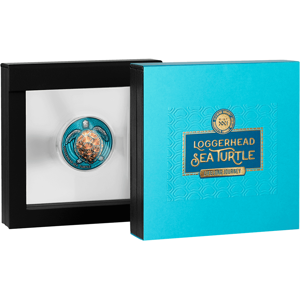 2023 $2 Loggerhead Sea Turtle – Lifelong Journey 2oz Silver Coloured Coin - Reverse View - Boxed View