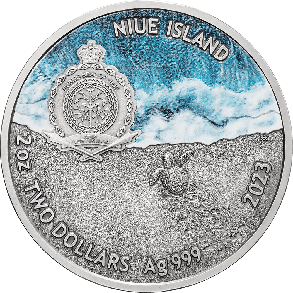 2023 $2 Loggerhead Sea Turtle – Lifelong Journey 2oz Silver Coloured Coin - Reverse View - Obverse View