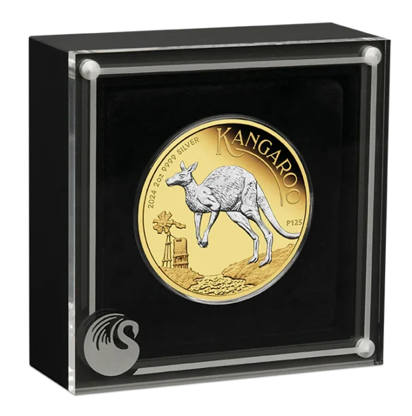 2024 $2 Australian Kangaroo 2oz Silver Proof Reverse Gilded Coin - Cased View