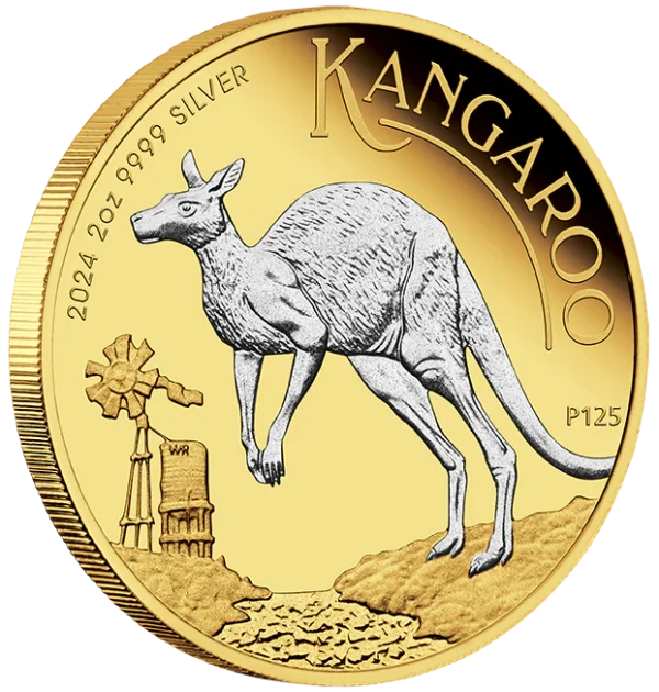 2024 $2 Australian Kangaroo 2oz Silver Proof Reverse Gilded Coin - Reverse View