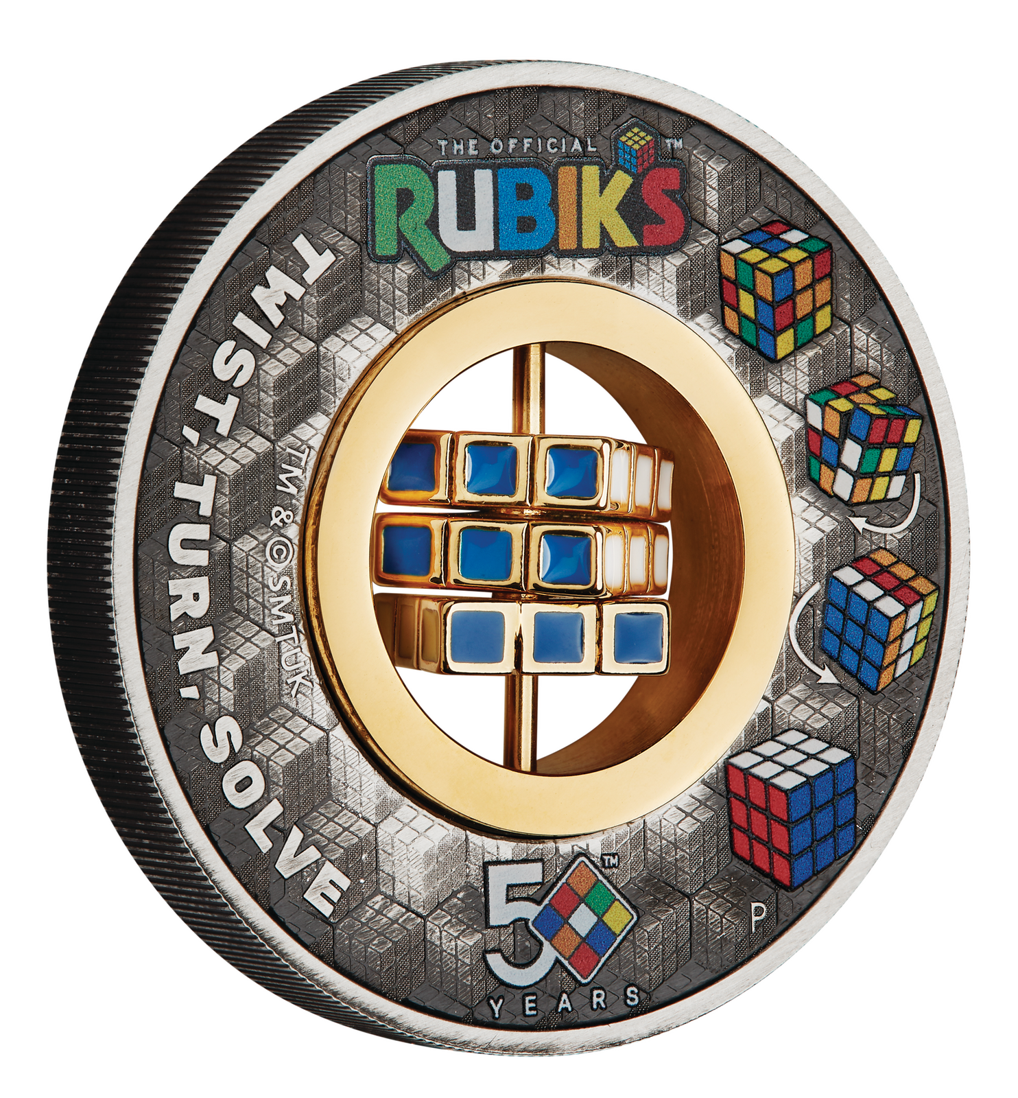 2024 $2 Rubik's Cube 50th Anniversary 2oz Silver Antiqued Coin - Tilted Reverse View