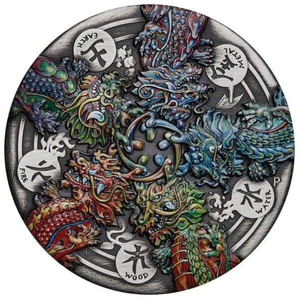 2024 $5 Dragon And The Five Elements 5oz Silver Antiqued Coloured Coin