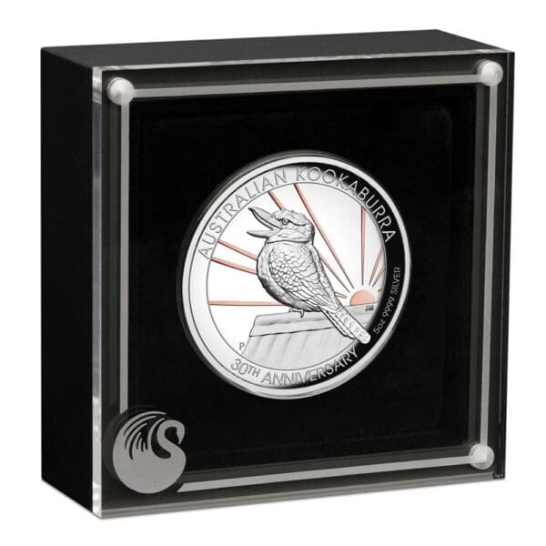 2020 $8 30th Anniversary Australian Kookaburra 5oz Silver Proof Rose Gilded Coin - Cased View