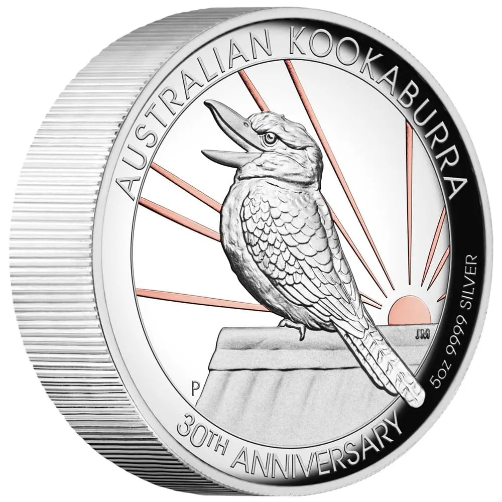 2020 $8 30th Anniversary Australian Kookaburra 5oz Silver Proof Rose Gilded Coin - Tilted Reverse View