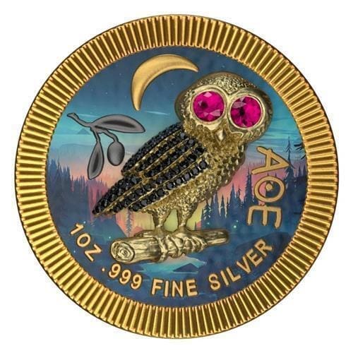 2021 $2 Athenian Owl - Gold In Forest - Swarovski Bejeweled 1oz Silver Coin - Reverse View