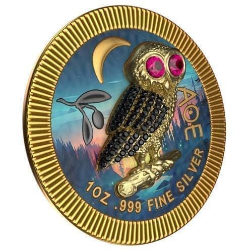 2021 $2 Athenian Owl - Gold In Forest - Swarovski Bejeweled 1oz Silver Coin - Tilted Reverse View