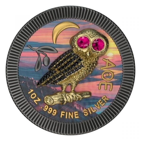 2021 $2 Athenian Owl - Night River - Swarovski Bejeweled 1oz Silver Coin - Reverse View