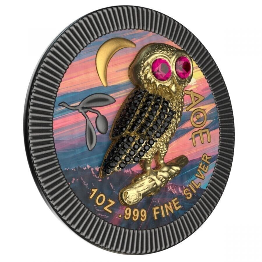 2021 $2 Athenian Owl - Night River - Swarovski Bejeweled 1oz Silver Coin - Tilted Reverse View