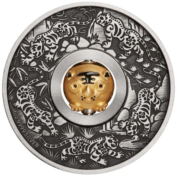 2022 Year Of The Tiger Rotating Charm 1oz Silver Antiqued Coin - Reverse View