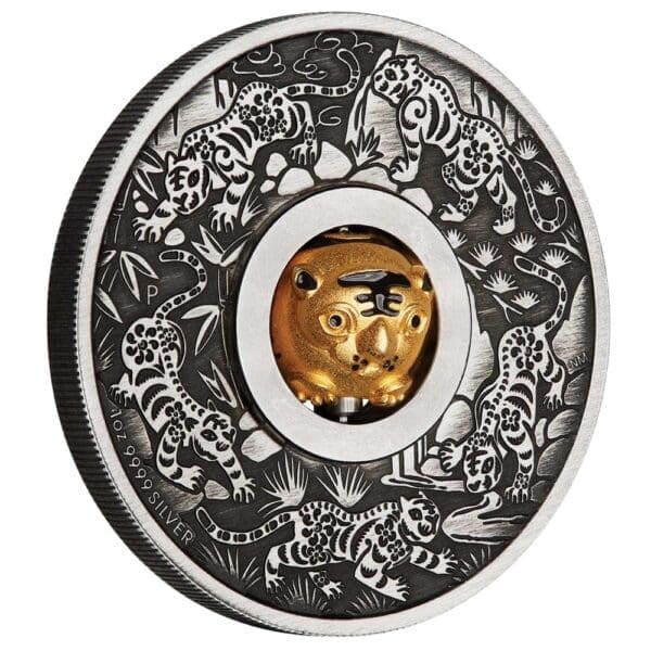 2022 Year Of The Tiger Rotating Charm 1oz Silver Antiqued Coin - Tilted Reverse View